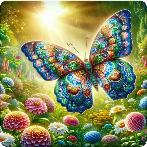 Brightly colored peacock butterfly in a flower garden