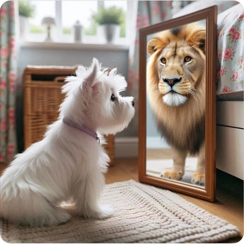 White dog looking at a lion in a mirror