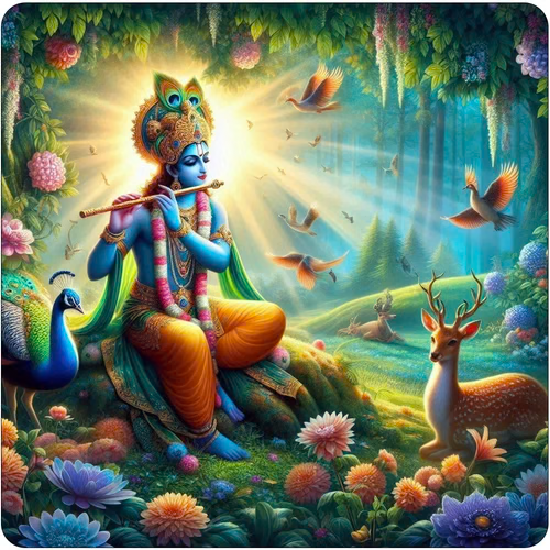 Krishna playing flute in a forest with a peacock, birds, and deer