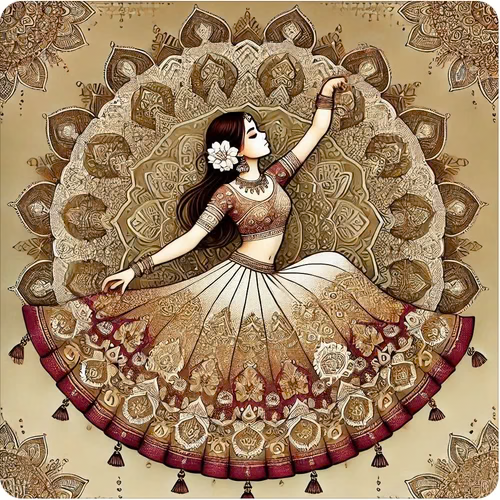 Ornate mandala with a woman in a flowing patterned dress