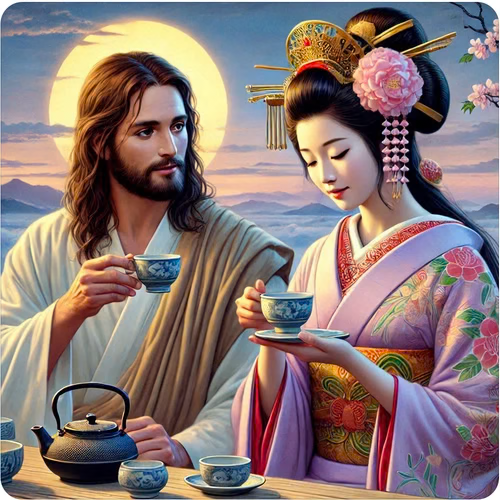 Jesus sharing tea with a woman in traditional Japanese clothing