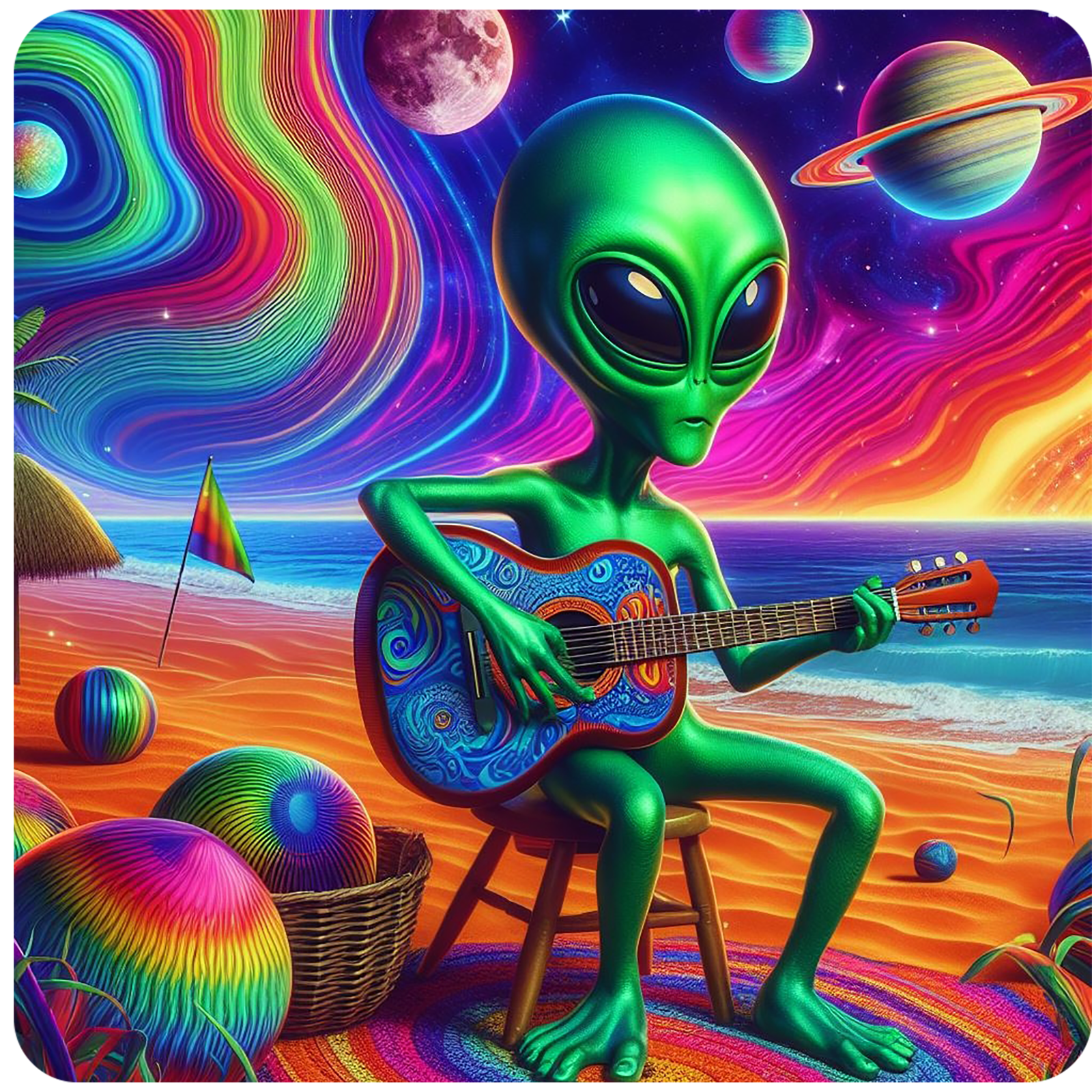 Alien playing guitar under a psychedelic sky vinyl sticker decal - several sizes