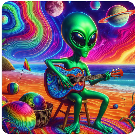 Alien playing guitar under a psychedelic sky vinyl sticker decal - several sizes