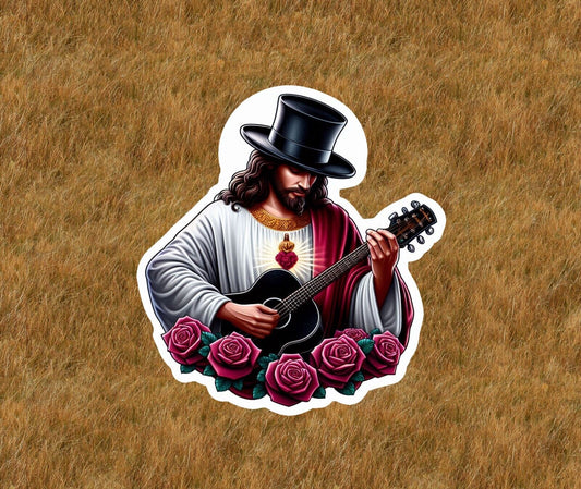 Jesus playing guitar for band Jesus N Roses vinyl sticker decal -several sizes