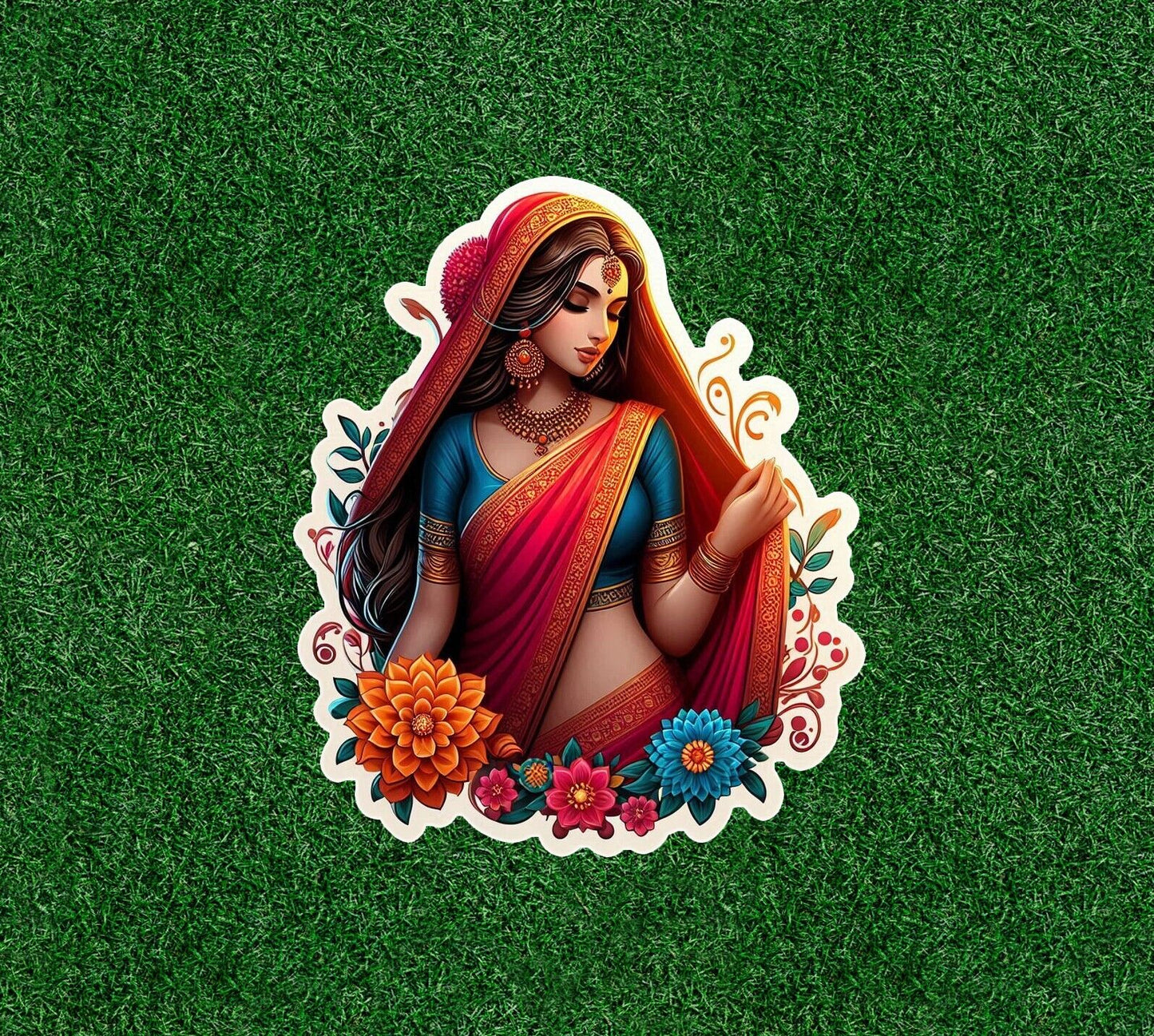 Indian bride in colorful sari vinyl decal sticker - many sizes available