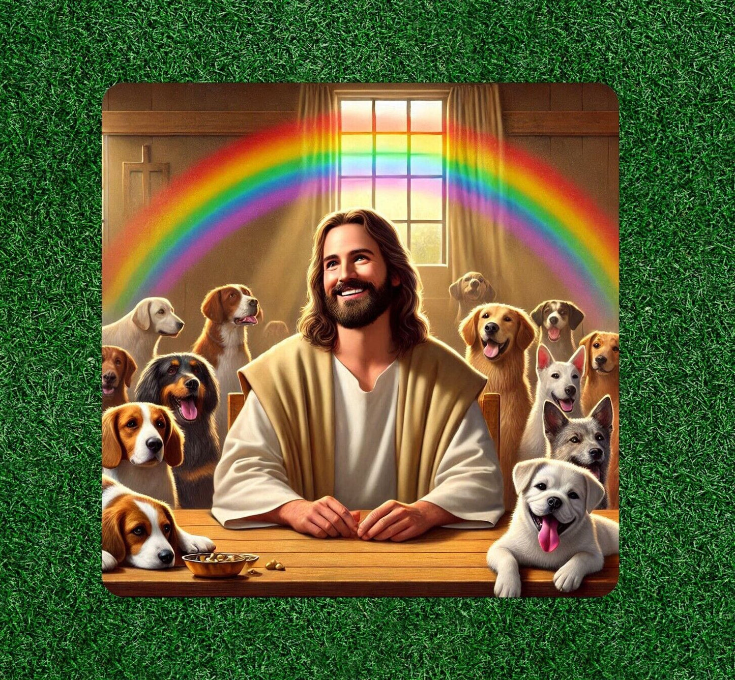 Jesus greetings dogs after crossing Rainbow Bridge vinyl sticker - many sizes