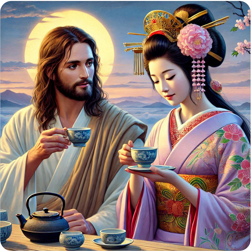 Jesus and Japanese Goddess Amaterasu having tea vinyl sticker - many sizes