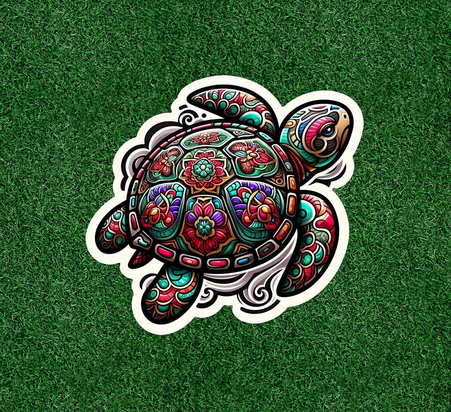 Sea turtle with a colorful design vinyl sticker decal - many sizes available