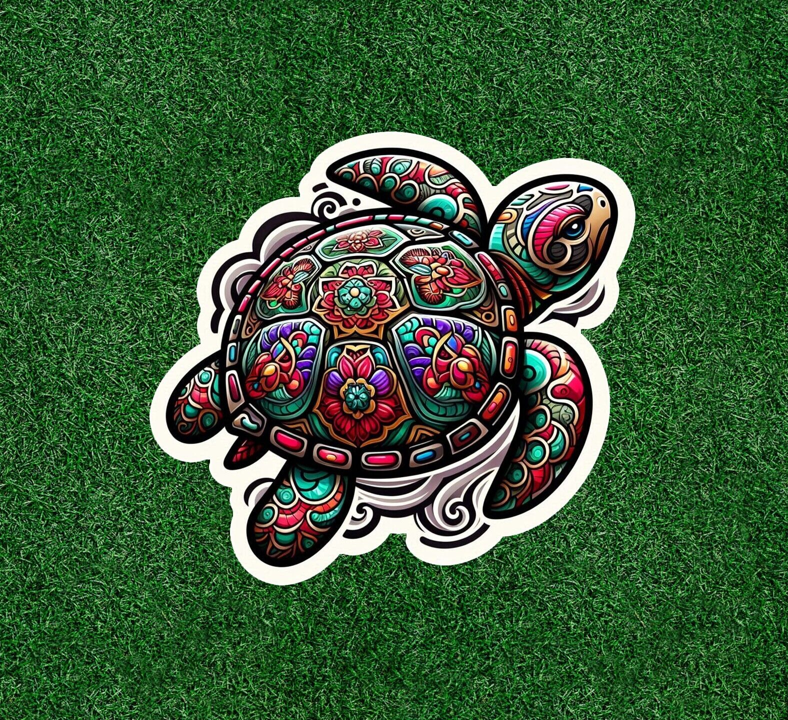 Sea turtle with a colorful design vinyl sticker decal - many sizes available