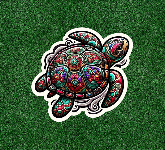 Sea turtle with a colorful design vinyl sticker decal - many sizes available