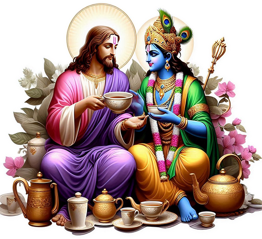 Jesus and Hindu God Lord Krishna having tea vinyl sticker - many sizes available