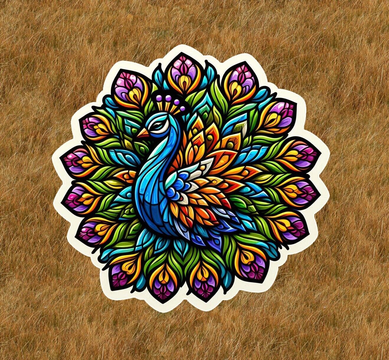 Beautiful peacock in a stained glass design sticker decal - many sizes available