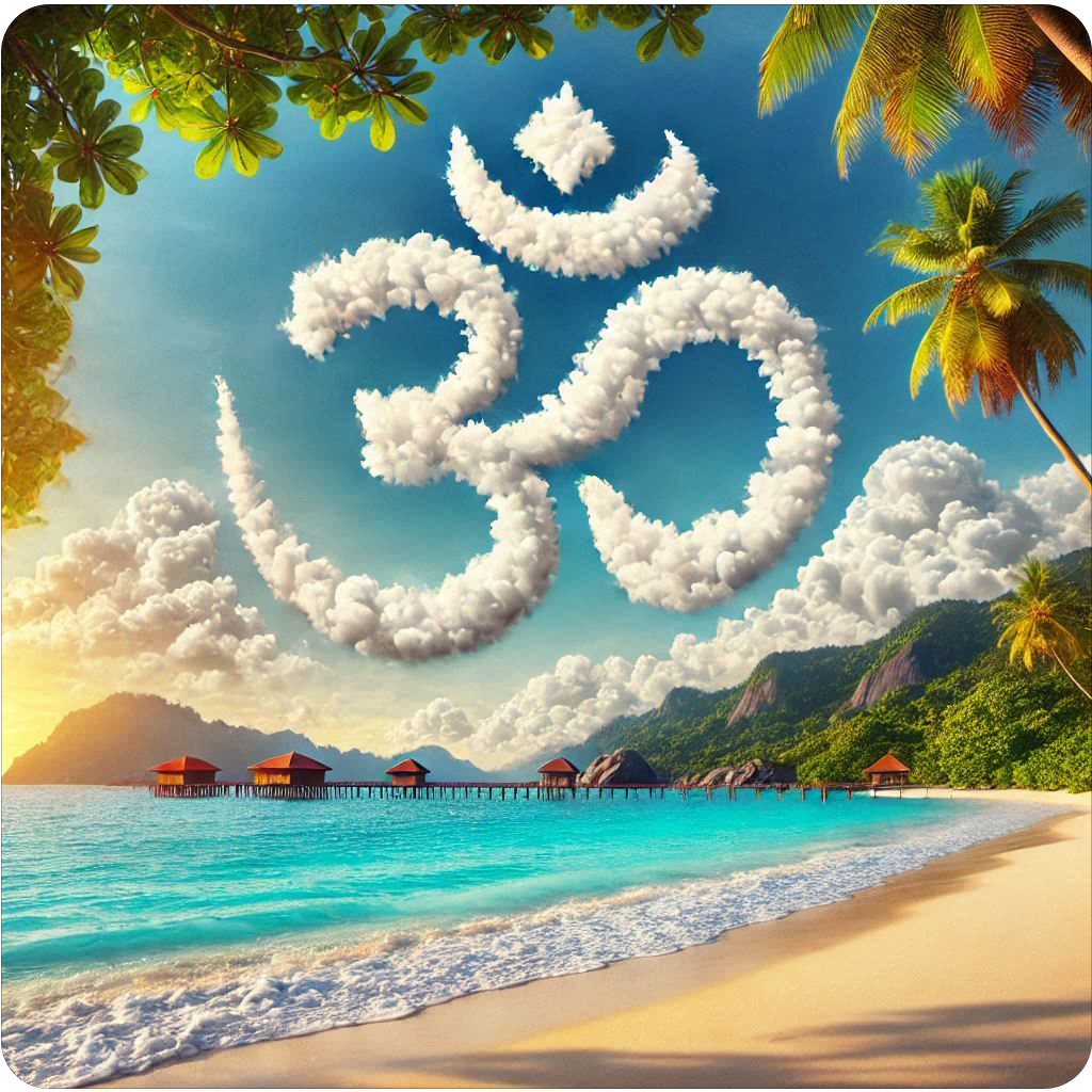 Om Indian prayer symbol around serene beach scene vinyl sticker - many sizes