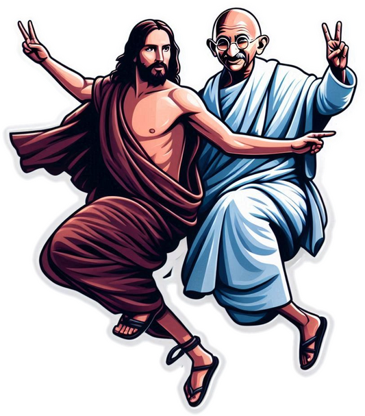 Jesus and Mahatma Gandhi air jumping together vinyl sticker decal - many sizes