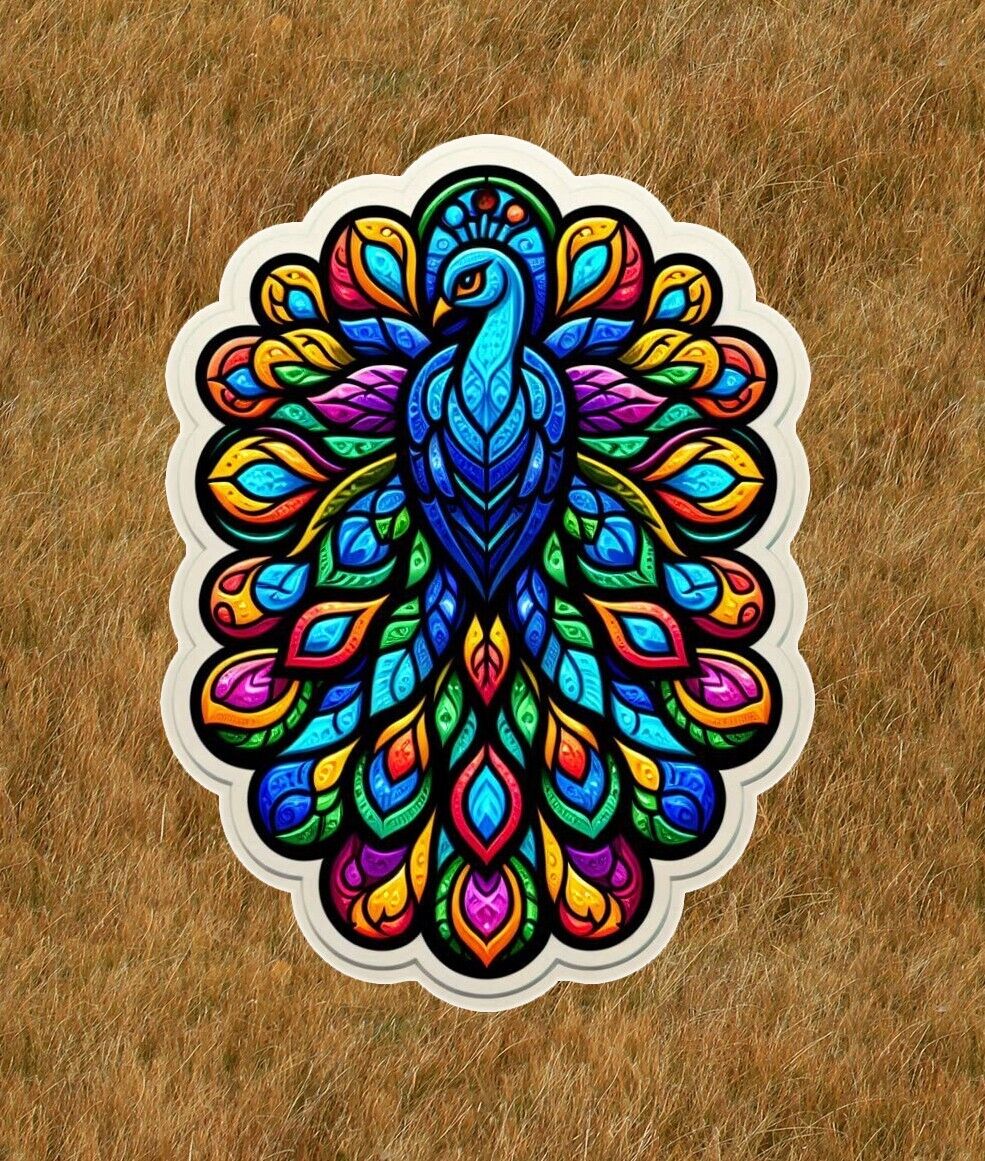 Beautiful peacock in a stained glass design vinyl sticker decal - many sizes