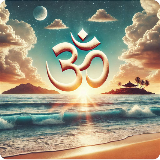 Om Indian prayer symbol around serene beach scene vinyl sticker - many sizes