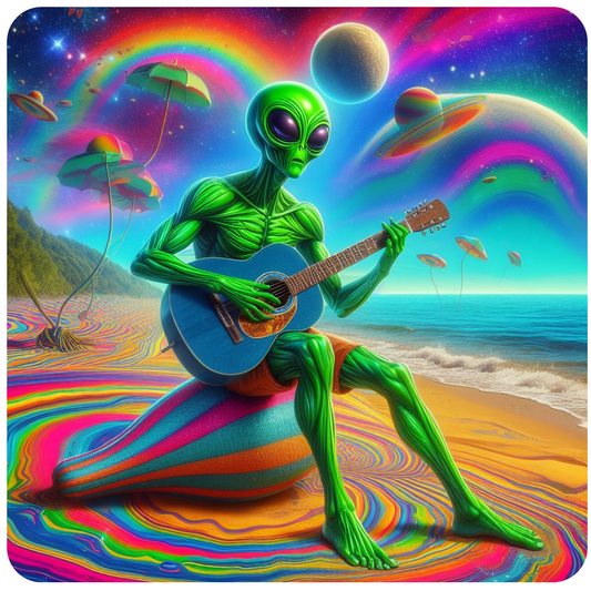 Alien playing guitar under a psychedelic sky vinyl sticker decal - several sizes