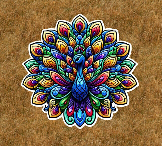 Beautiful peacock in a stained glass design vinyl sticker decal - many sizes