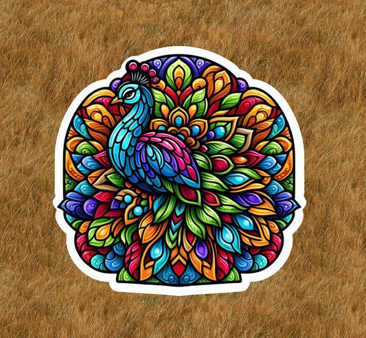 Beautiful peacock in a stained glass design vinyl sticker decal - many sizes