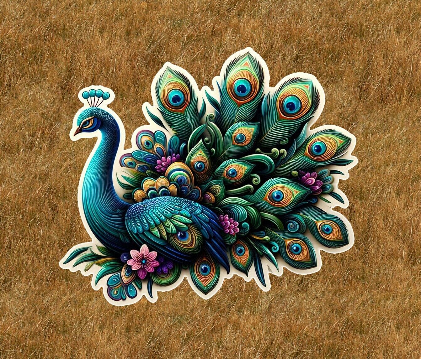 Beautiful peacock in a colorful design sticker decal - many sizes available