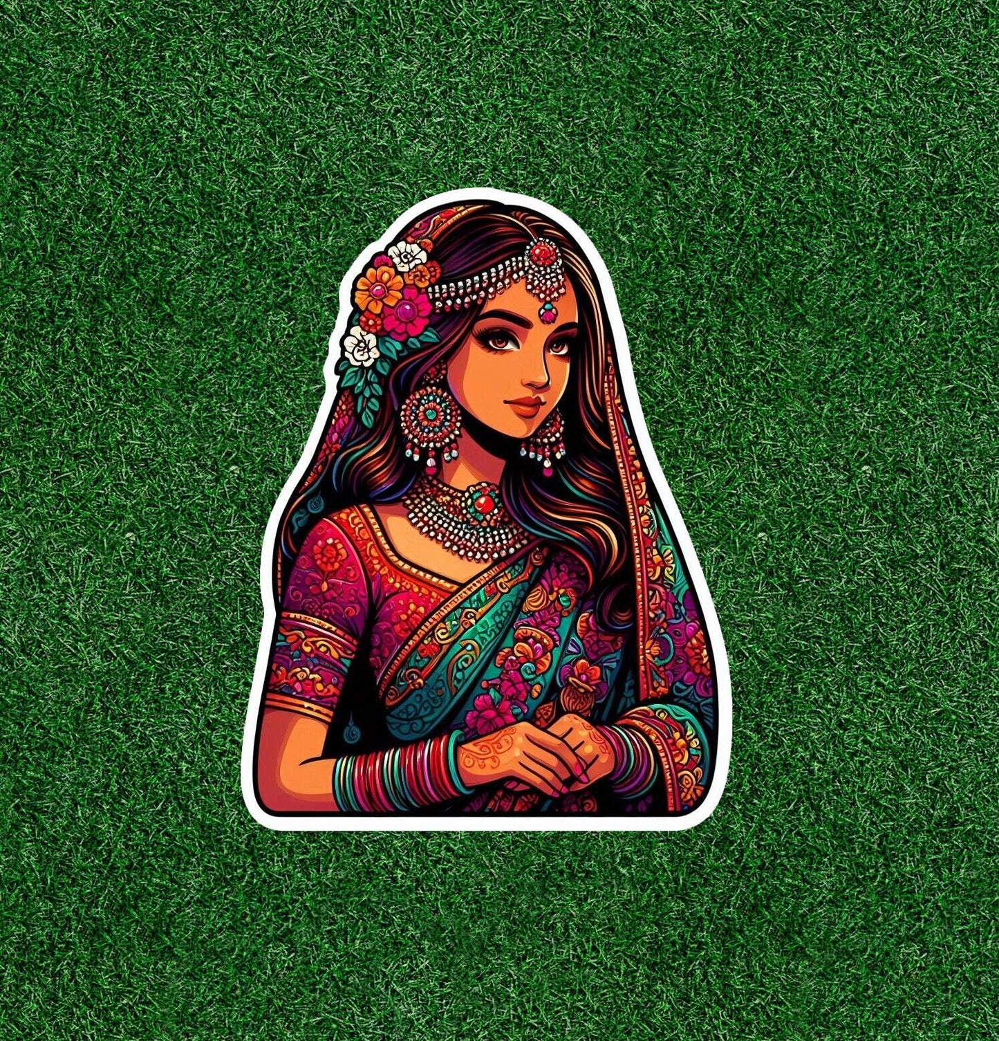 Indian bride in colorful sari vinyl decal sticker - many sizes available