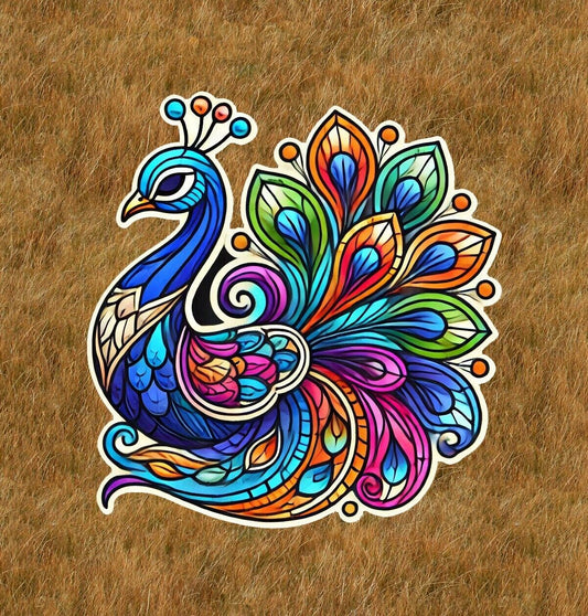 Beautiful peacock in a stained glass design sticker decal - many sizes available