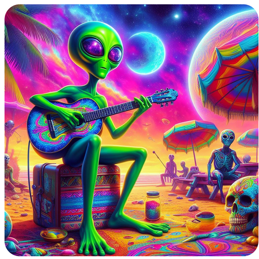 Alien playing guitar under a psychedelic sky vinyl sticker decal - several sizes