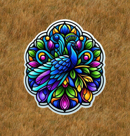 Beautiful peacock in a stained glass design vinyl sticker decal - many sizes