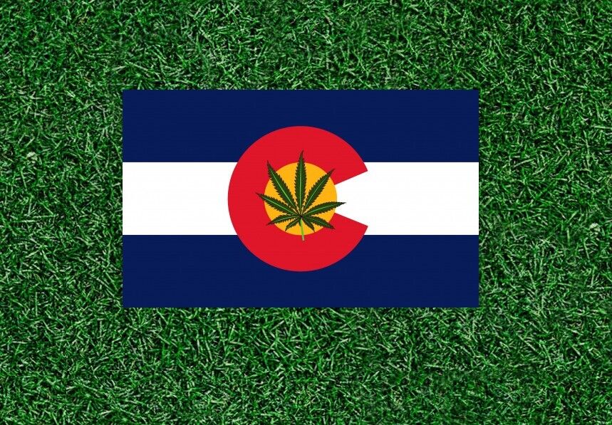 Colorado State Flag with marijuana leaf vinyl sticker decal - many sizes