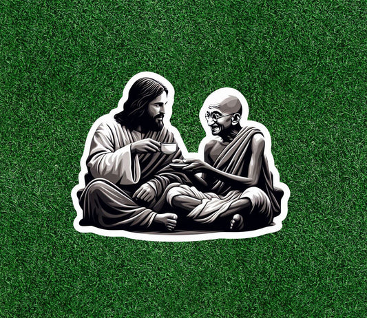 Jesus and Gandhi having tea together  vinyl decal sticker - many sizes available