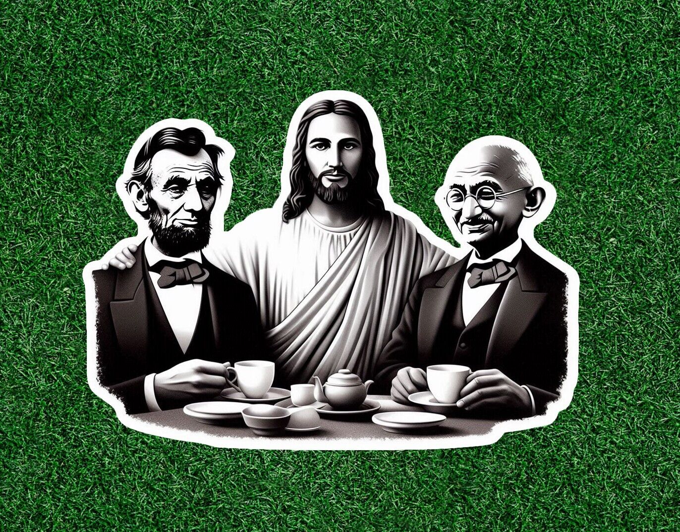 Jesus having tea with Abe Lincoln and Gandhi vinyl sticker - many sizes