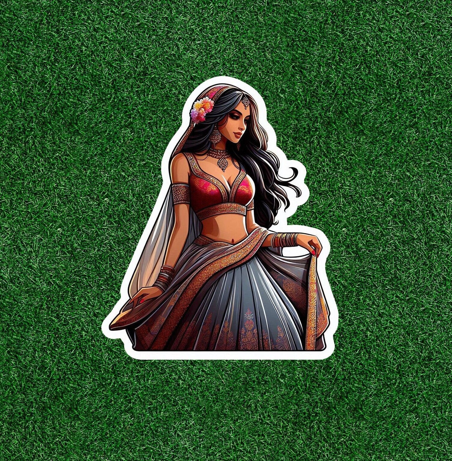 Beautiful Indian lady in colorful lehenga sari vinyl decal sticker - many sizes