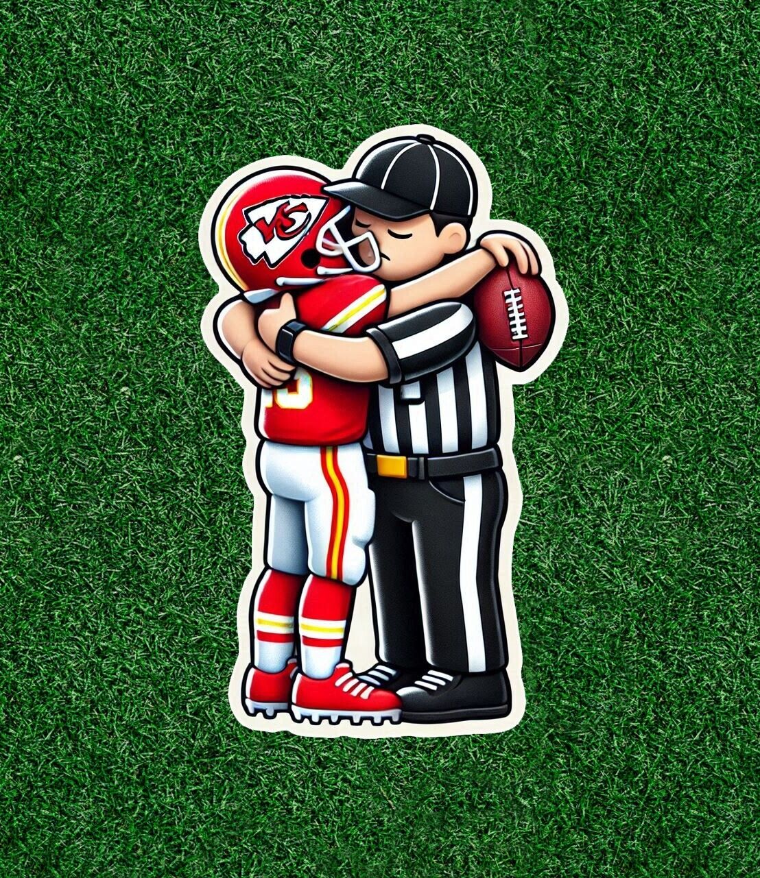 Referee hugging a Chiefs player vinyl sticker decal - several sizes available