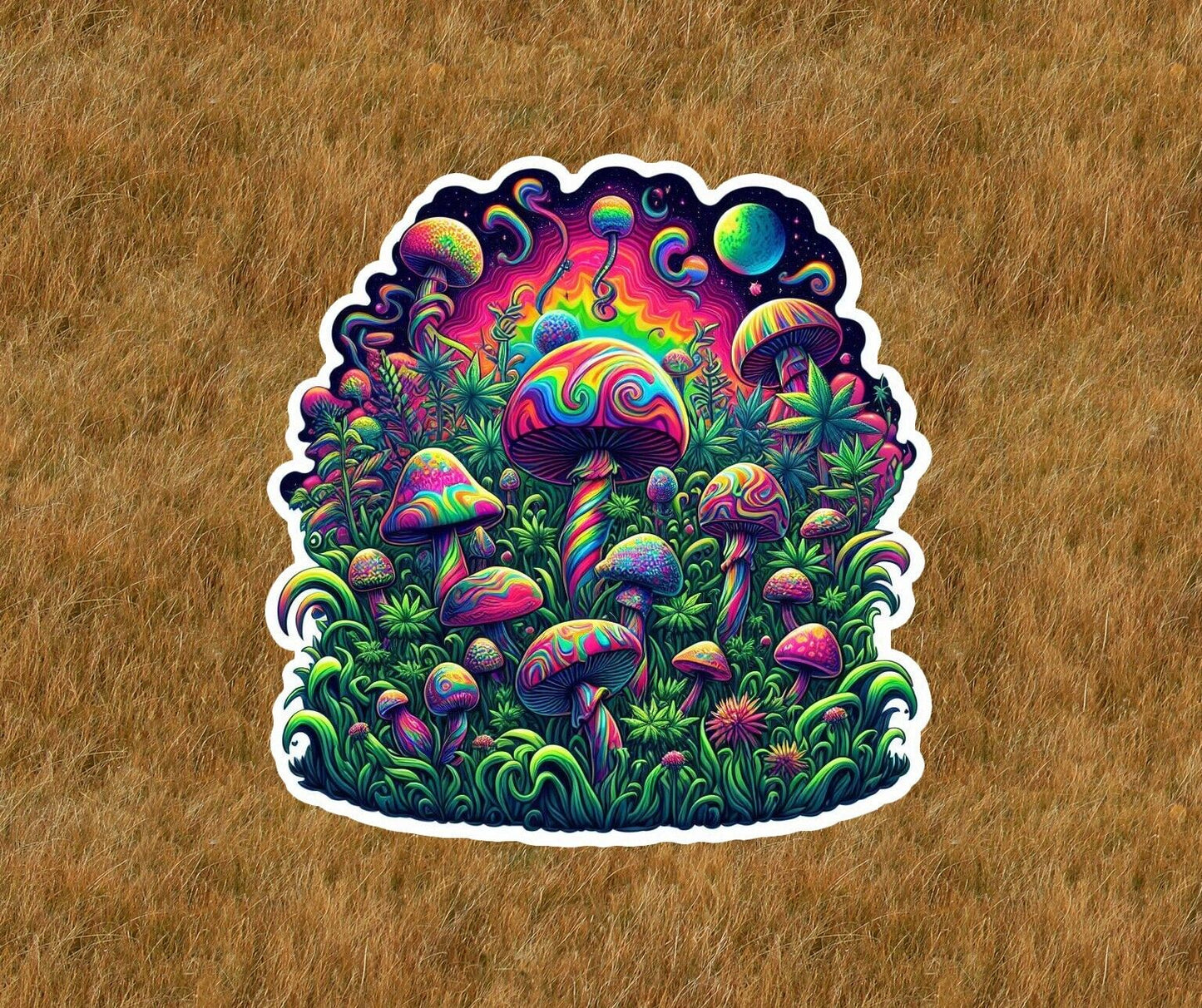 Colorful field of marijuana and trippy mushrooms vinyl sticker decal -many sizes