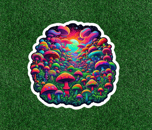 Colorful mushroom field over a psychedelic sky vinyl sticker decal -many sizes