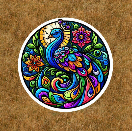 Beautiful peacock in a stained glass design sticker decal - many sizes available