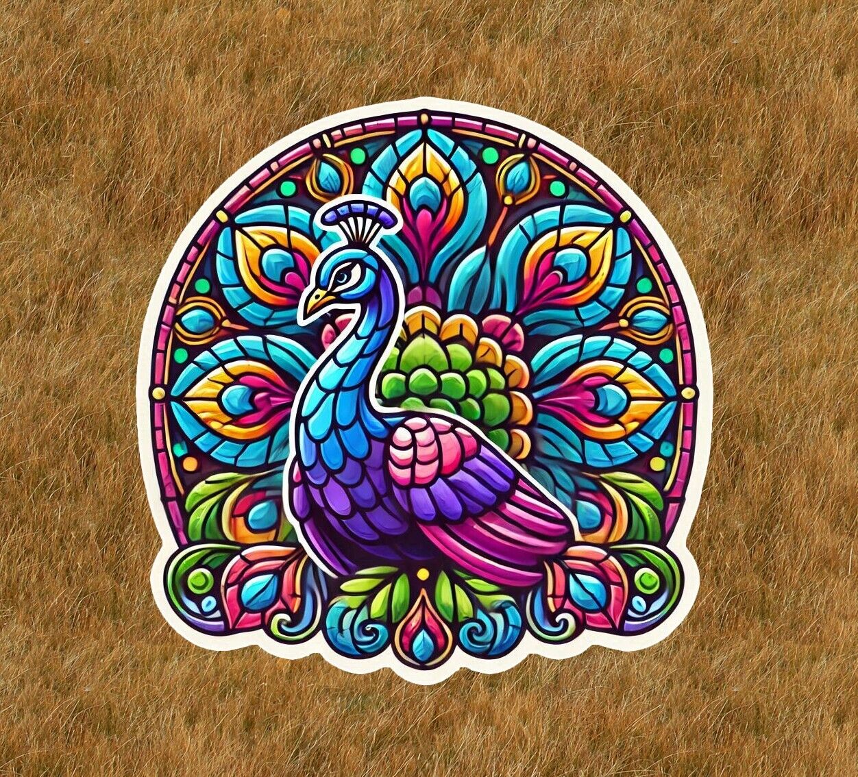 Beautiful peacock in a stained glass design vinyl sticker decal - many sizes