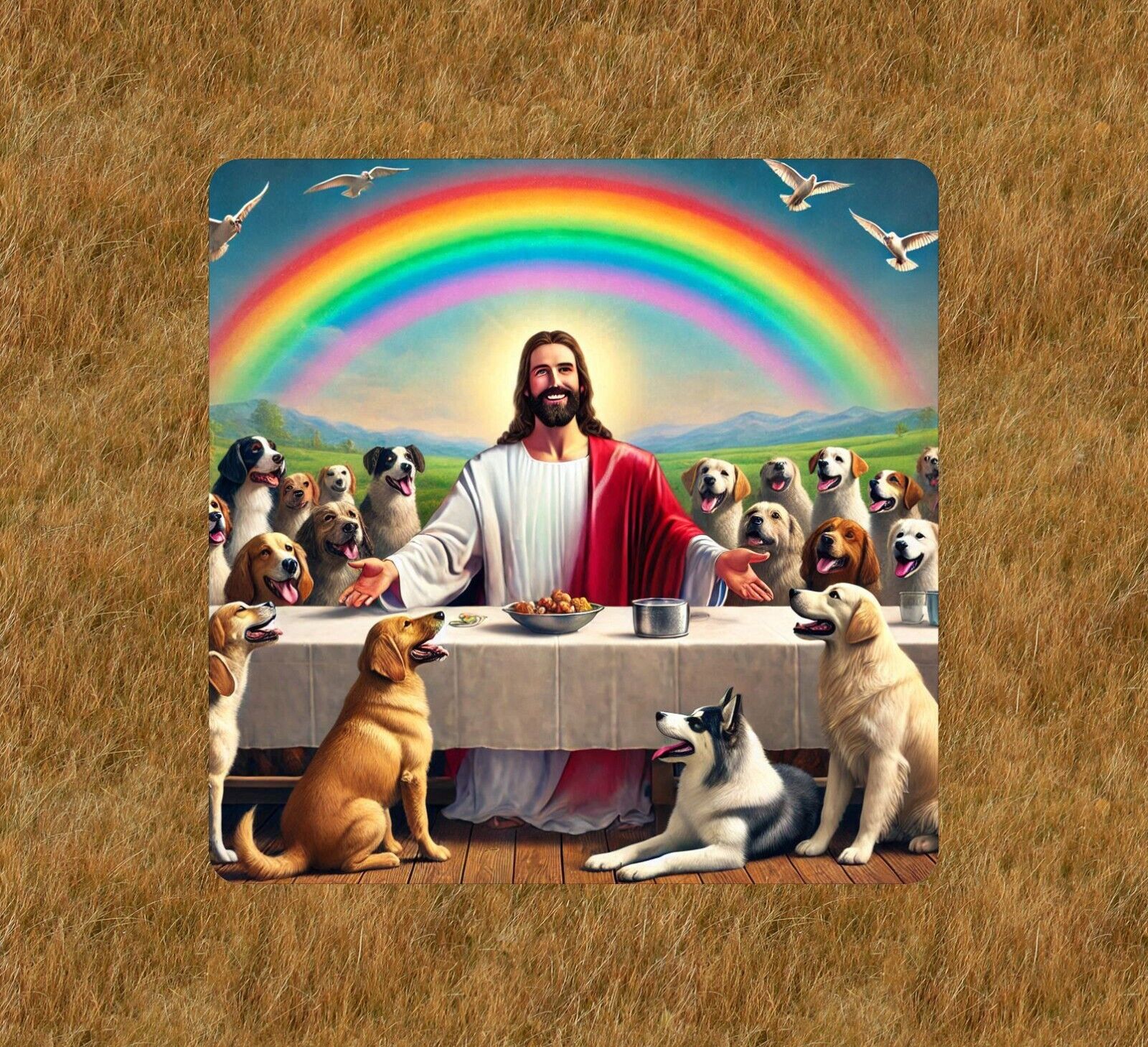 Jesus greetings dogs after crossing Rainbow Bridge vinyl sticker - many sizes