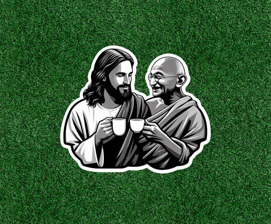 Jesus and Gandhi having tea together  vinyl decal sticker - many sizes available