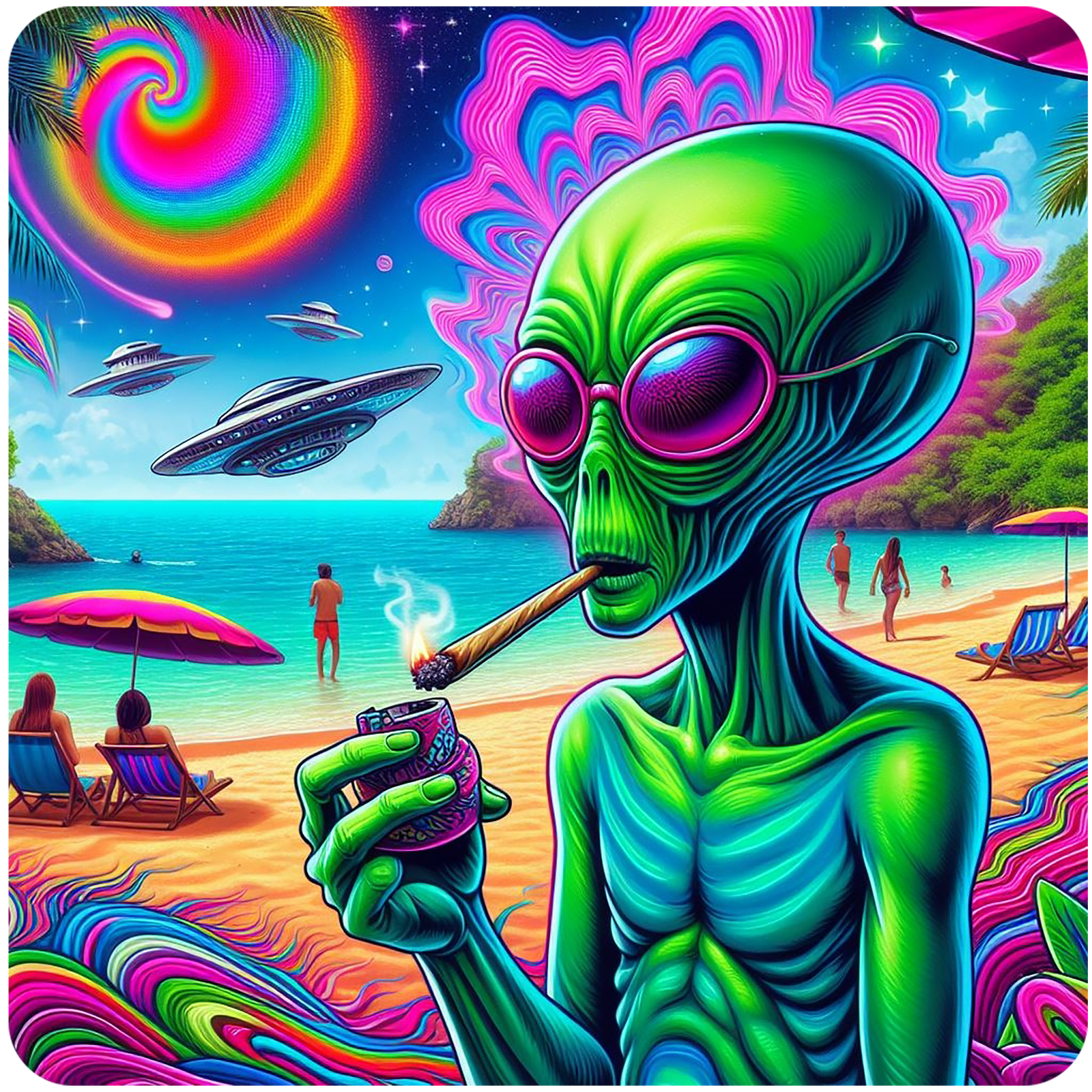 Alien smoking a blunt under a psychedelic sky vinyl sticker - several sizes