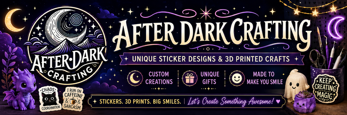 High-resolution After Dark Crafting banner with purple celestial branding and craft illustrations