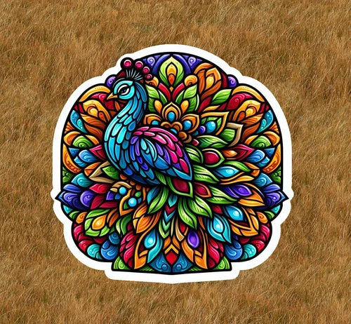 Beautiful peacock in a stained glass design waterproof vinyl sticker- many sizes