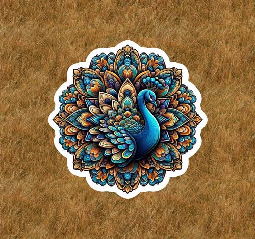 Beautiful peacock in a mandala design waterproof sticker decal- many sizes