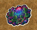 Marijuana plants under a psychedelic sky vinyl sticker - several sizes available