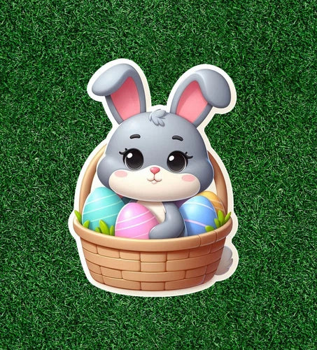 Colorful easter bunny in basket design sticker decal - several sizes available
