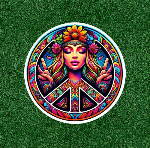 Hippie Girl peace symbol 100% waterproof vinyl sticker decal - many sizes