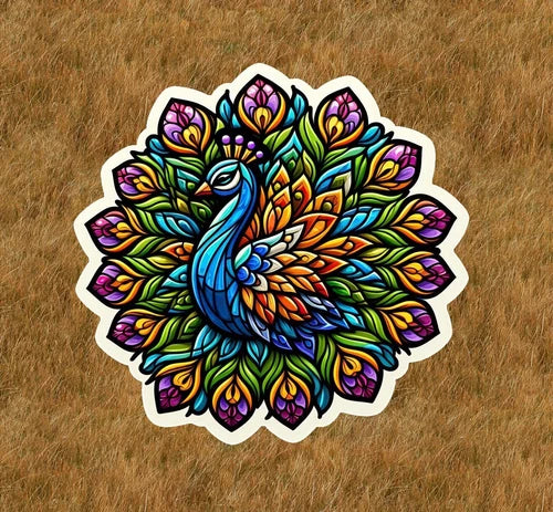 Beautiful peacock in a stained glass design waterproof sticker decal- many sizes