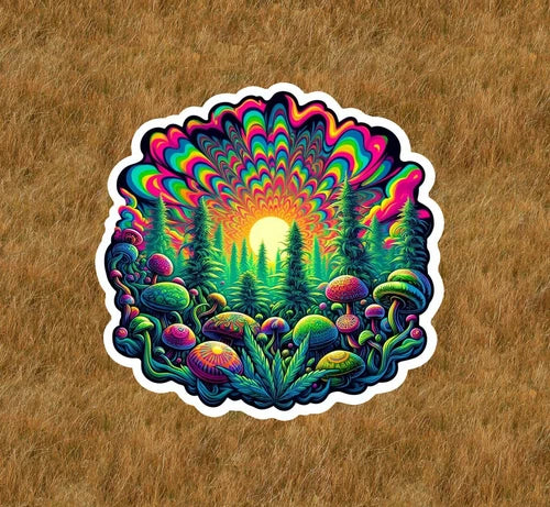 Marijuana plants under a psychedelic sky waterproof vinyl sticker- several sizes