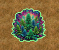 Marijuana plants under a psychedelic sky waterproof vinyl sticker- several sizes