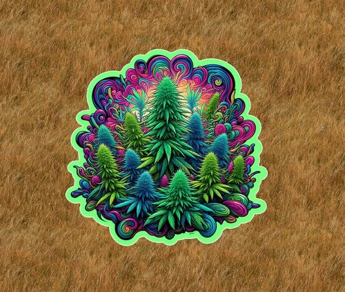 Marijuana plants under a psychedelic sky waterproof vinyl sticker- several sizes